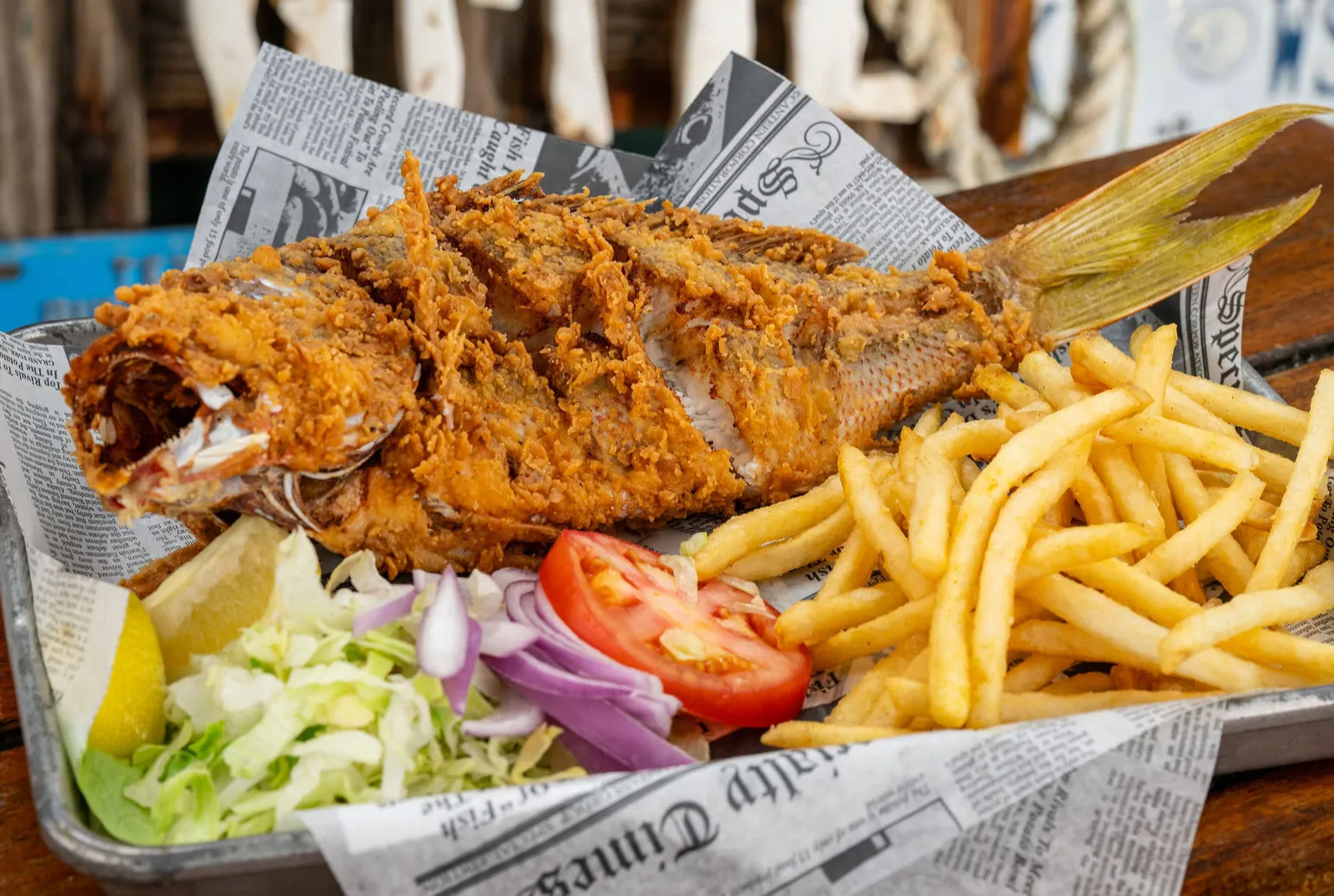 A plate of golden fried hogfish, freshly speared and cooked at Hogfish Bar & Grill