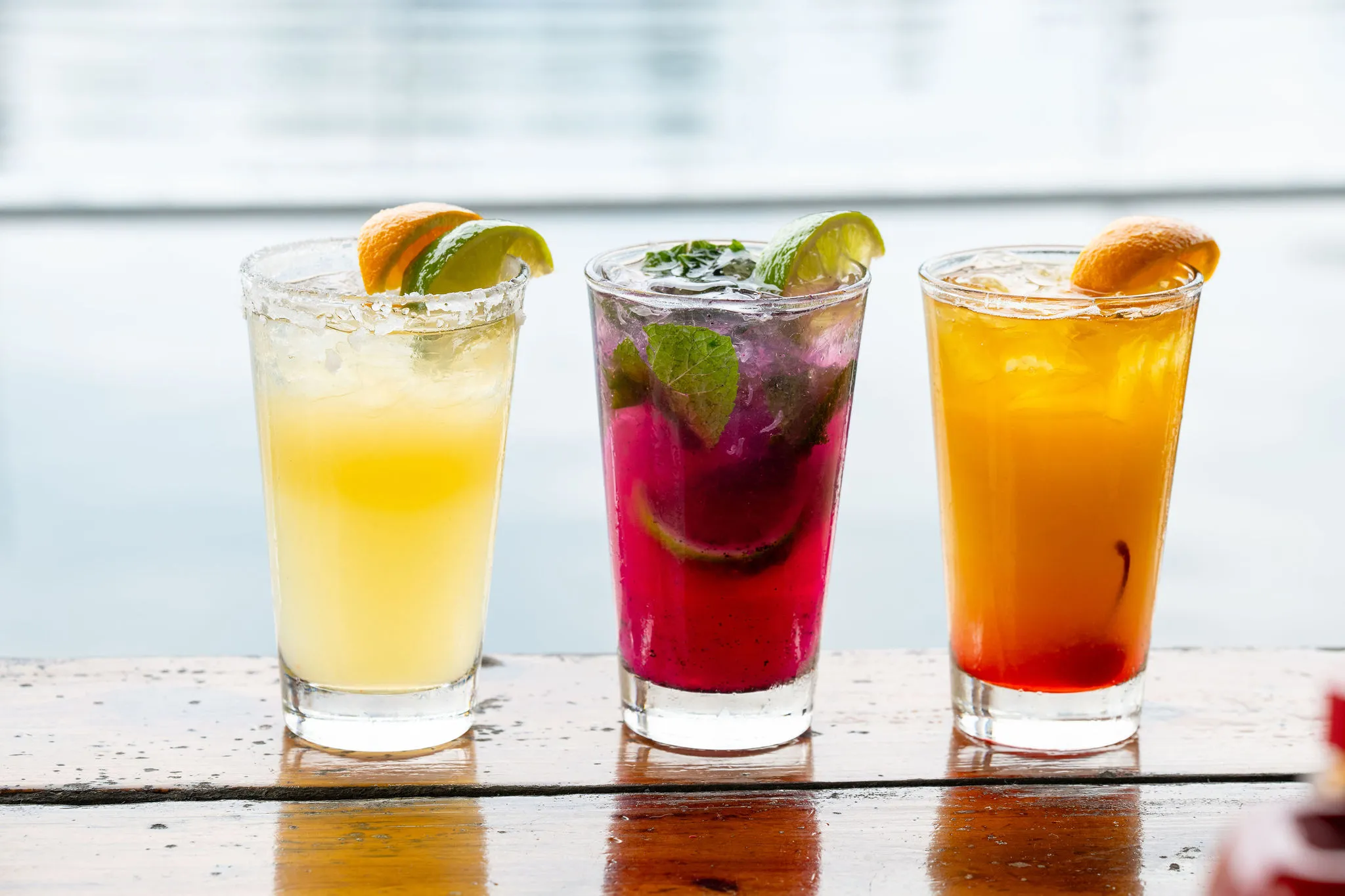 Our drink lineup, tropical cocktails on the dock
